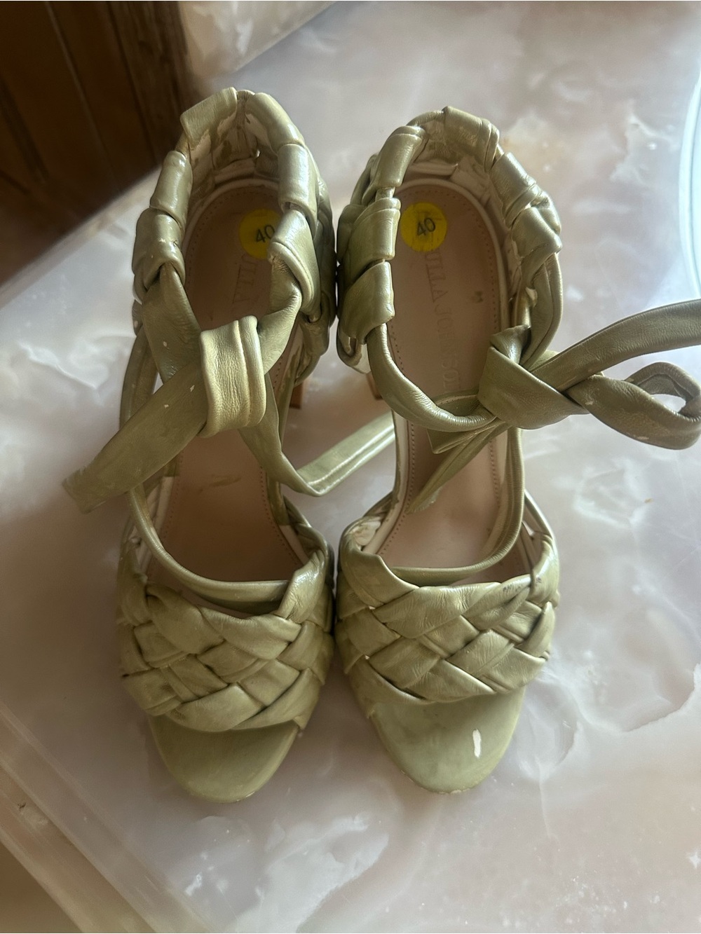 Woven Ankle-Tie Women’s Sandals in Light Olive wood heel Ulla Johnson